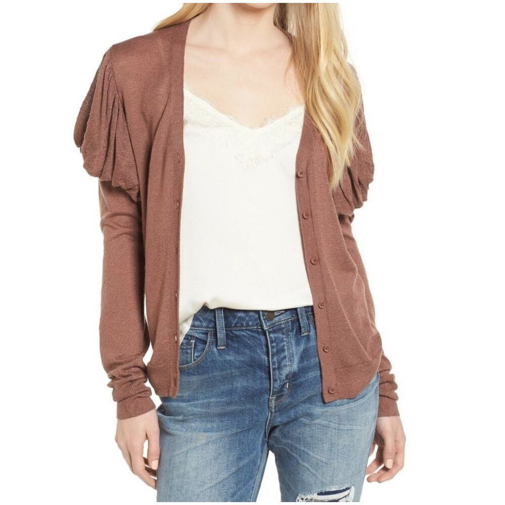 Hinge Puff Sleeve Cardigan Sweater Women’s XXL Nutmeg Brown
